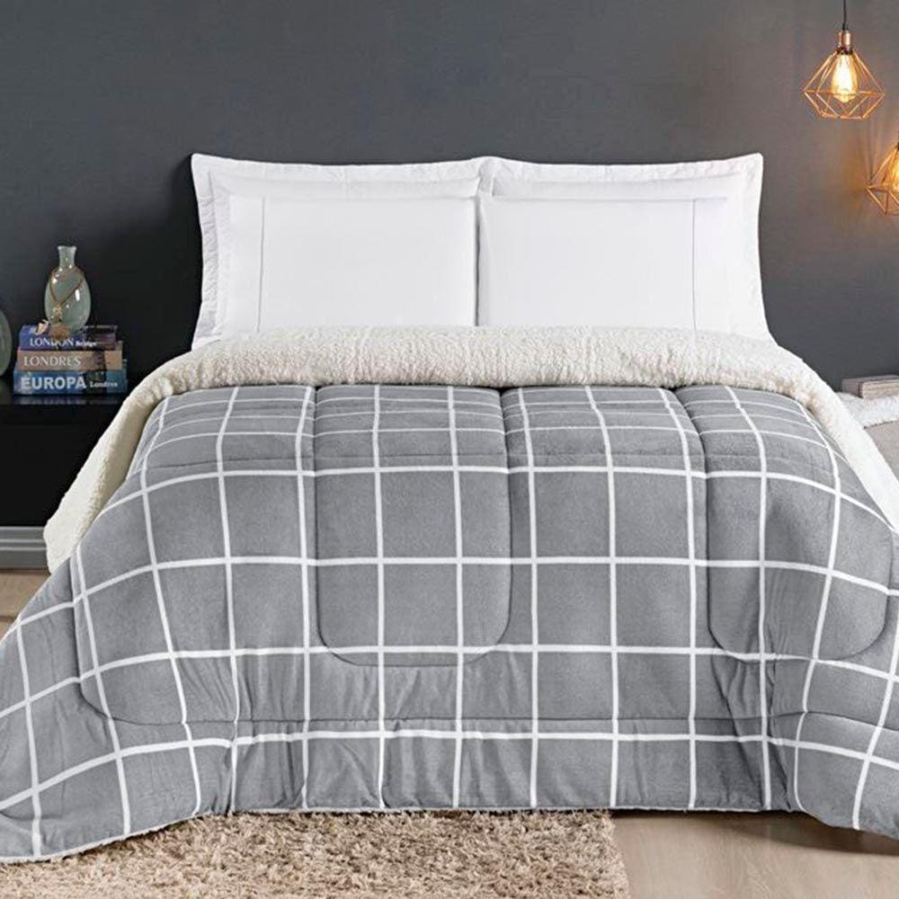 Coberdrom Cobertor Comfort Casal Queen 01 Peça Tecido Sherpa Manta Flannel Quadriculado - Cinza