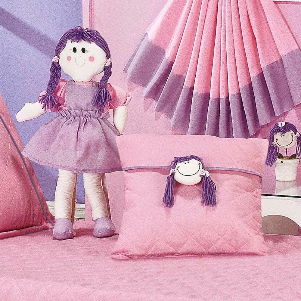 Kit Colcha Boneca Sofie Solteiro 06 Peças C/ Cortina 2 Metros Quarto Infantil Completo Menina - Rosa