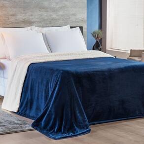 Cobertor Magnific Casal Queen Sherpa Com Manta Microfibra Toque Lã Carneiro 01 Peça - Azul Marinho