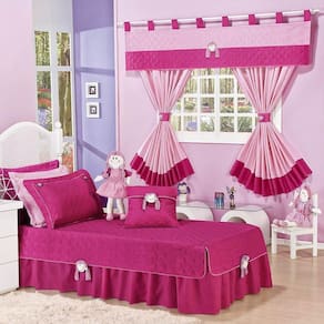 Kit Colcha Boneca Sofie Solteiro 06 Peças C/ Cortina 2 Metros Infantil Completo Menina Pink/Rosa