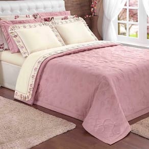 Kit Cobre Leito Yasmin Casal Queen 03 Peças Bordado Floral Tecido Algodão - Rosê Com Palha