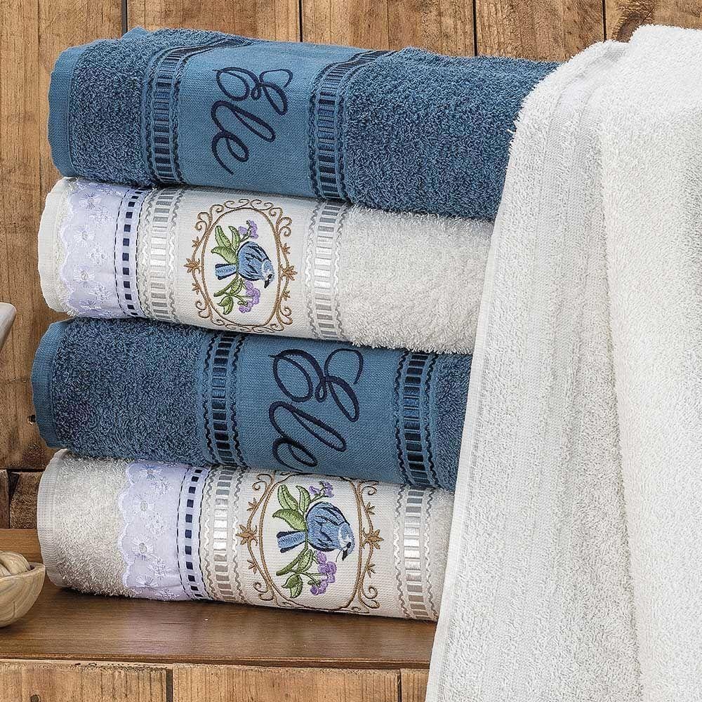 Jogo De Banho Toalhas Ponto Russo 100% Algodão Macio 05 Peças Bordado - Azul