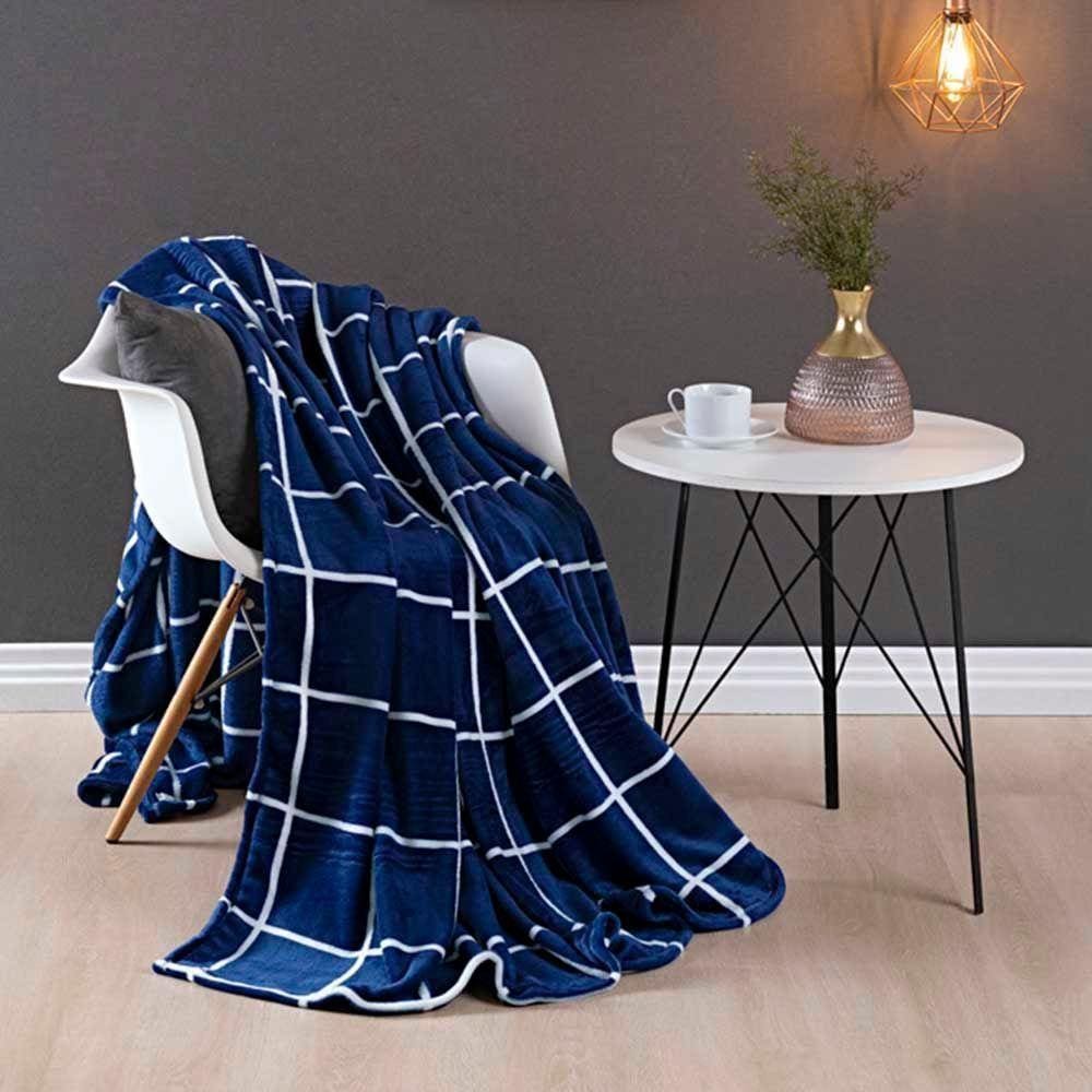 Cobertor Manta Minimalista Casal Queen Manta Flannel Quadrados Inverno 01 Peça - Azul Marinho