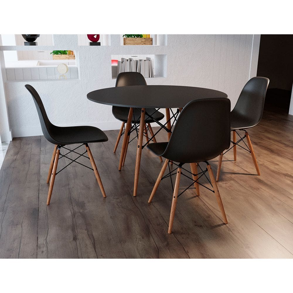 Conjunto De Mesa 4 Cadeiras Pretas Eames Dkr 90 Cm Base Madeira Tampo Preto