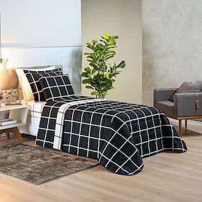 Kit Cobre Leito Minimalista Solteiro 02 Peças Micropercal 200 Fios - Preto Com Branco