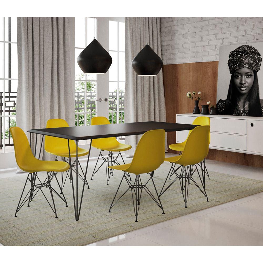 Conjunto de Mesa Eames Clips de Ferro Preto Tampo Preto 135x75 6 Cadeiras Ferro Preta Assento Amarel