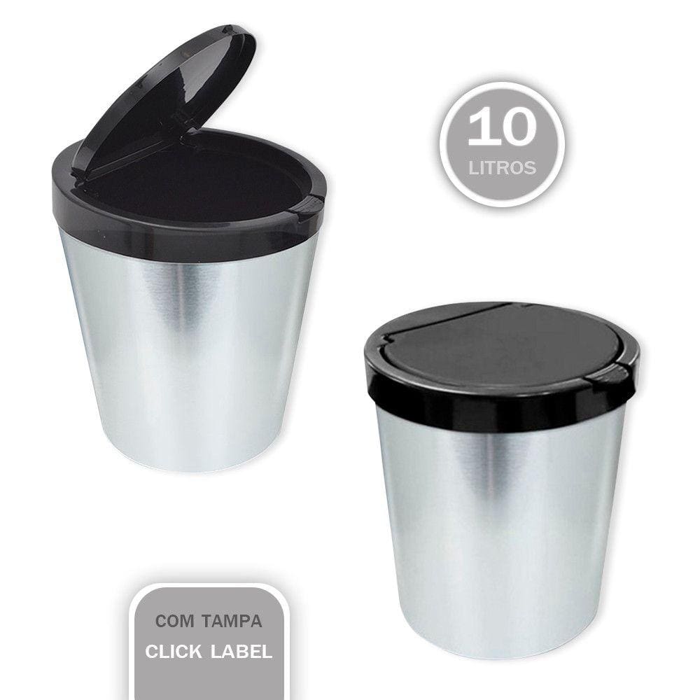 WE DROP - Lixeira Cesto 10 Litros Tampa Click Label Redonda Cor Prata Inox