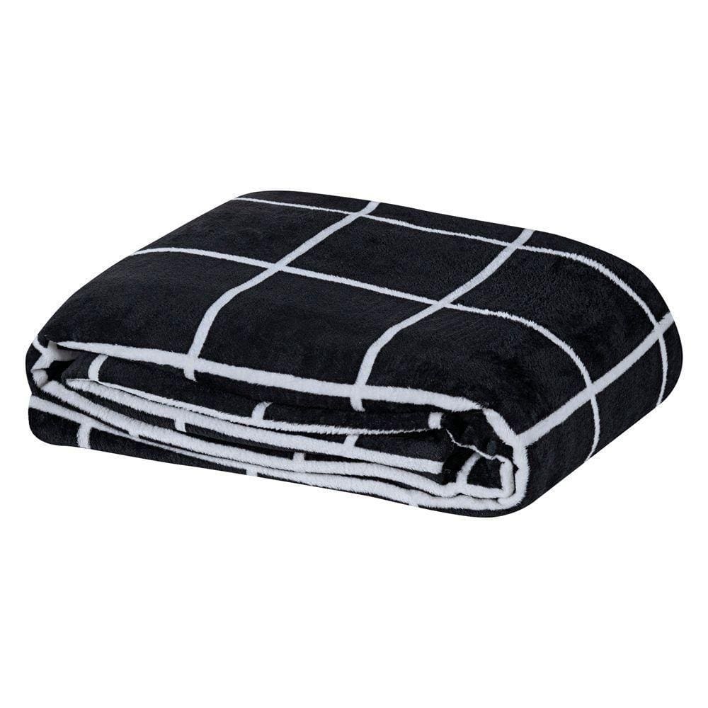 Cobertor Manta Minimalista Casal Queen Manta Flannel Quadrados Inverno 01 Peça - Preto