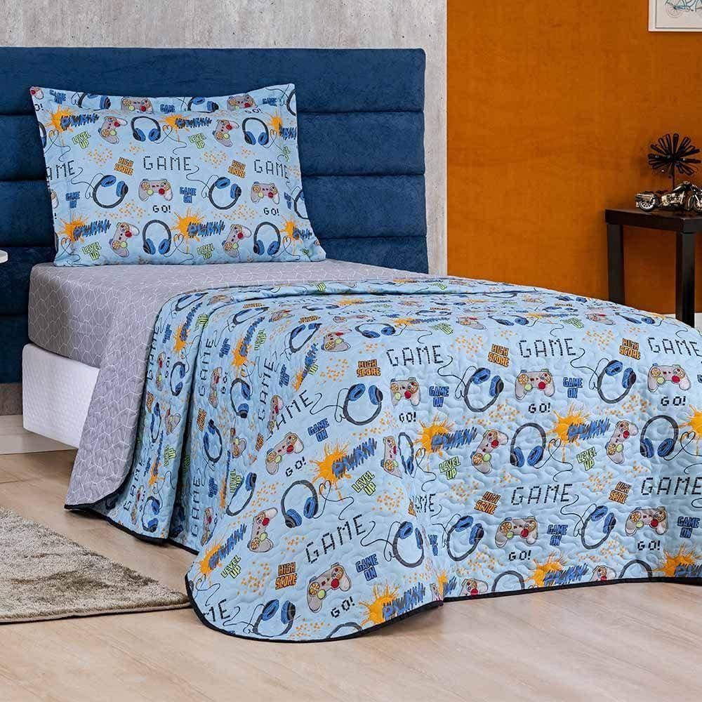 Kit Colcha Game Solteiro Tecido Microfibra Dupla Face Quarto Infantil - Azul