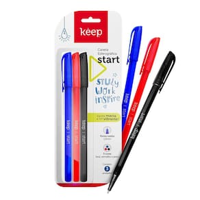 Caneta Esferográfica Ponta Média 1.0mm 3 unidades Azul Vermelho e Preto Keep - EI095