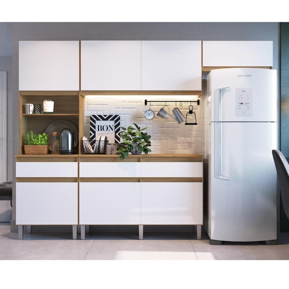 Armário de Cozinha Completa com Balcão e Aéreo Pimenta Decibal Naturalle Branco