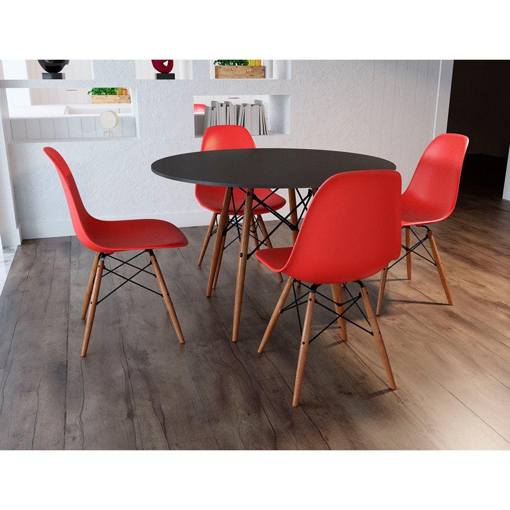 Sala de Jantar Mesa Eames 90cm Preta com 4 Cadeiras Vermelhas - Up Home