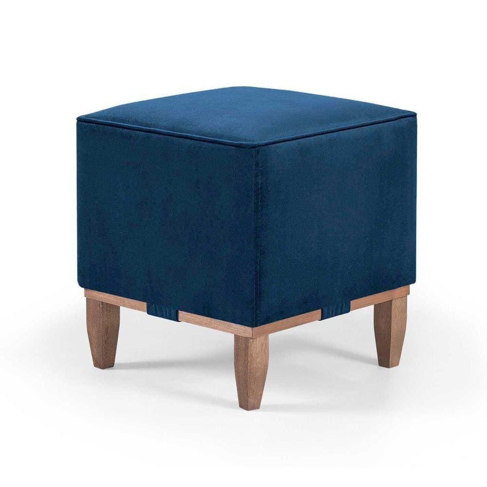 Puff Decorativo Quadrado Pés Em Madeira Cor Azul
