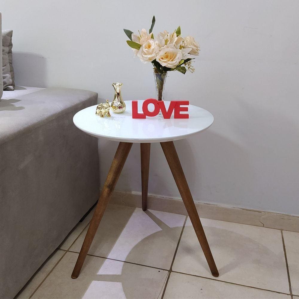 Mesa Lateral Redonda Com Vidro 50x50 Cor Branco Medida 60 Cm Altura