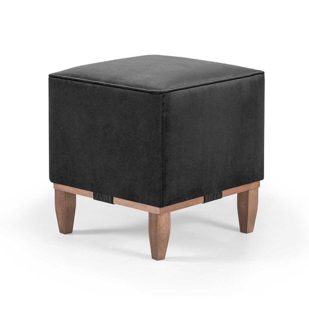 Puff Decorativo Quadrado Pés Em Madeira Cor Suede Preto