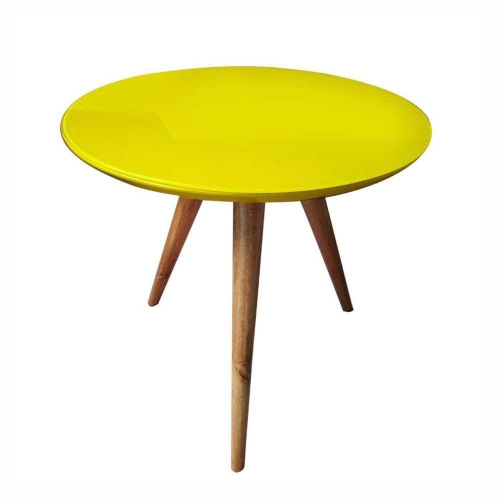 Mesa Lateral Redonda Com Vidro 60x60 Cor Amarelo Medida 50 Cm Altura