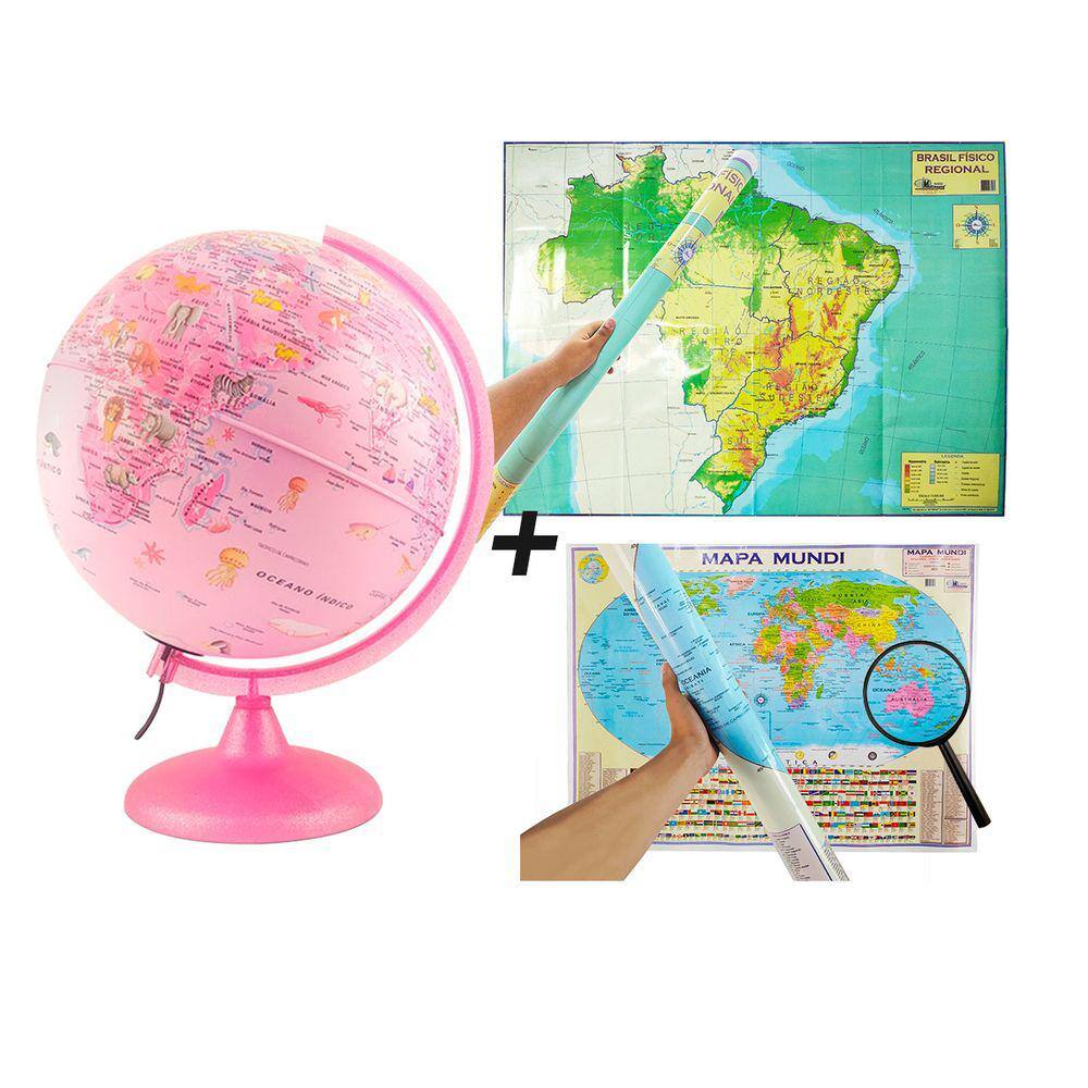 KIT Globo Pinkzoo LED com Figuras de Animais Mapa Brasil Físico Mapa Mundi Físico Lupa75mm