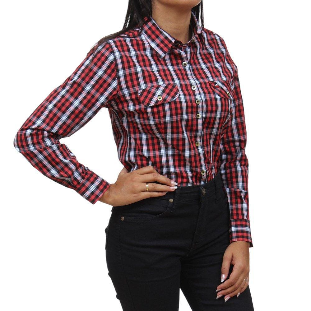 Camisete Feminina Xadrez Manga Longa Vermelha Os Vaqueiros 33384