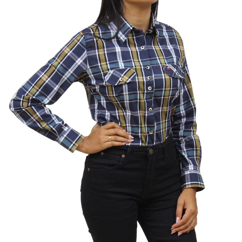 Camisete Feminina Xadrez Manga Longa Azul Os Vaqueiros 33385