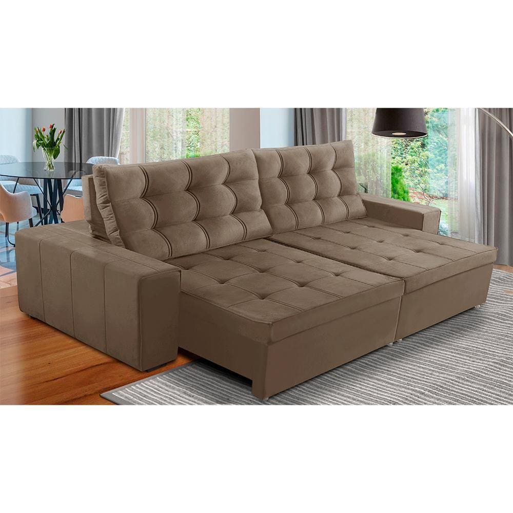 Sofá Retrátil e Reclinável 4 Lugares com Molas 2,70m Duda Suede Cappuccino Adonai Estofados