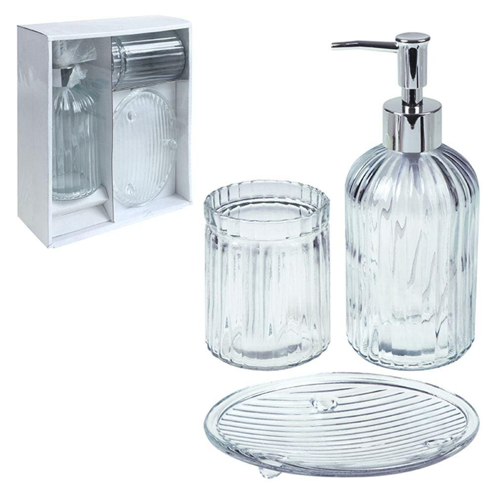 Kit Banheiro de Vidro - 3 peças - Conjunto Luxo Cromado - Porta Sabonete Liquido - Porta Escovas - Saboneteira - PANAMI