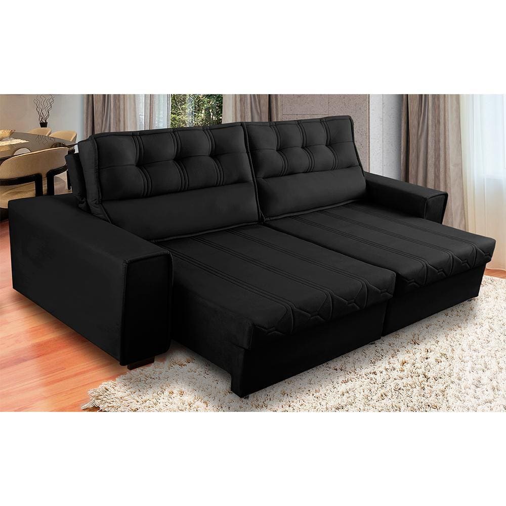 Sofá Retrátil e Reclinável 4 Lugares com Molas 2,70m Camila Suede Preto Adonai Estofados