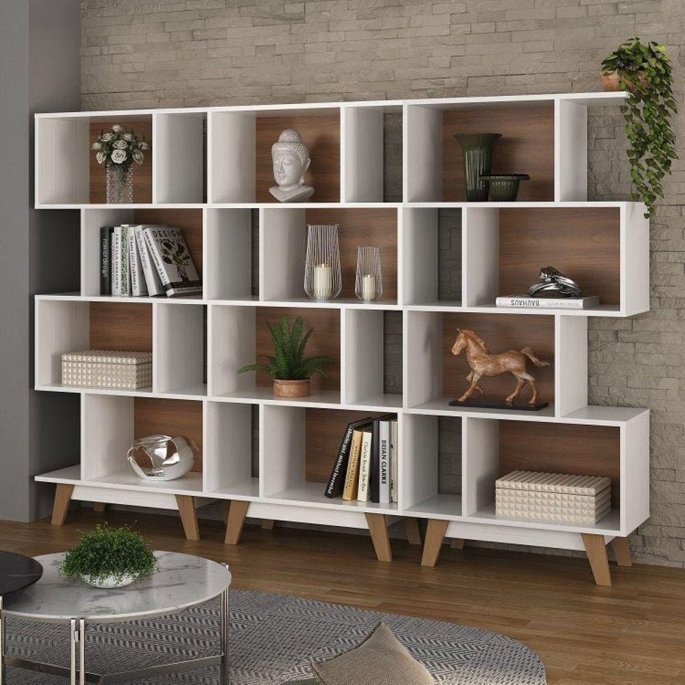 Conjunto 3 Estantes Livreiro 4 Nichos Hecol Móveis Branco/Nogal