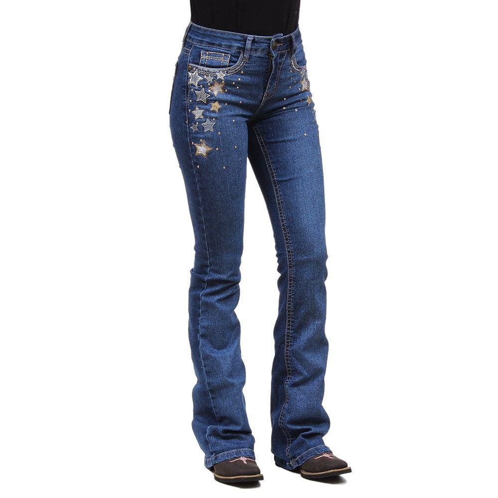 Calça Feminina Boot Cut Azul Bordada com Elastano Tassa 33263