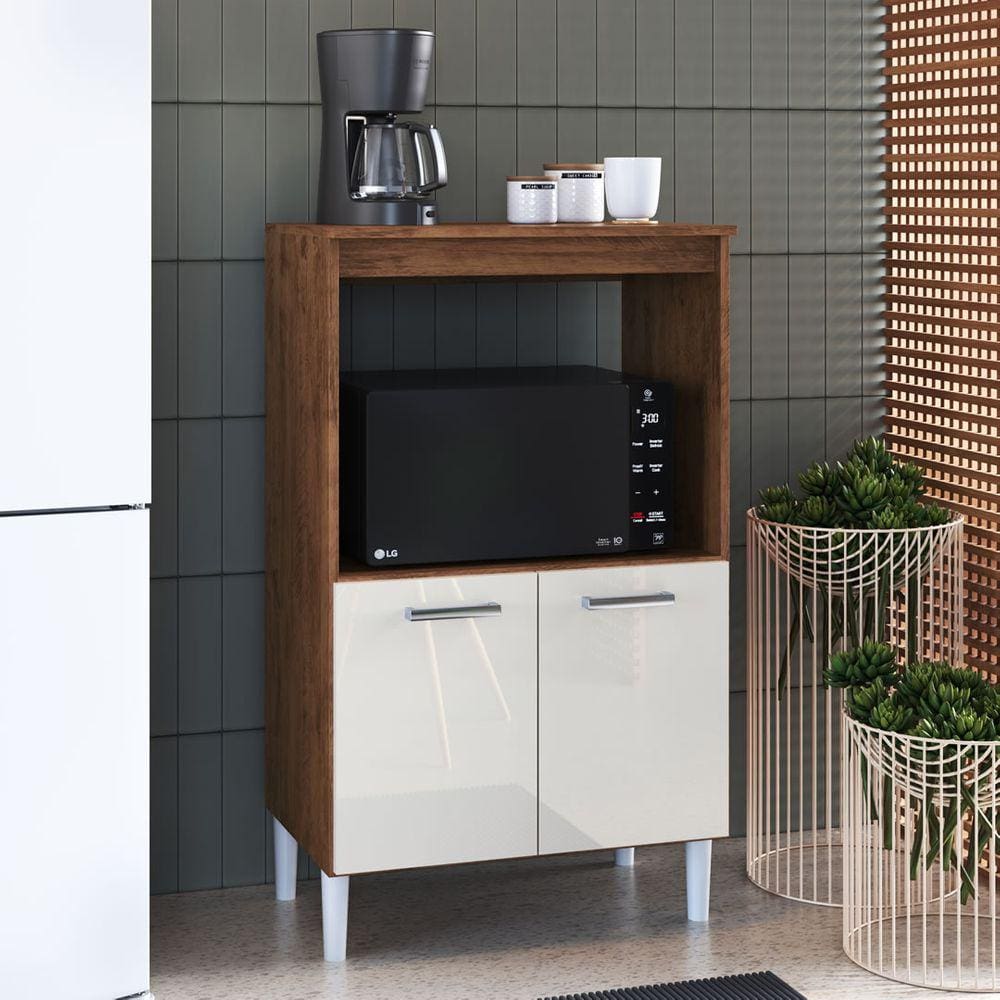 Balcão 65cm Multiuso para Forno e Microondas 2 portas Marrom Off-White