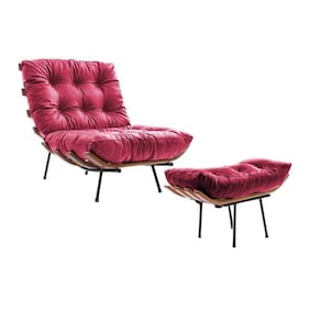 Poltrona Costela Com Puff Em Couro Sintético Rosa Cor Rosa