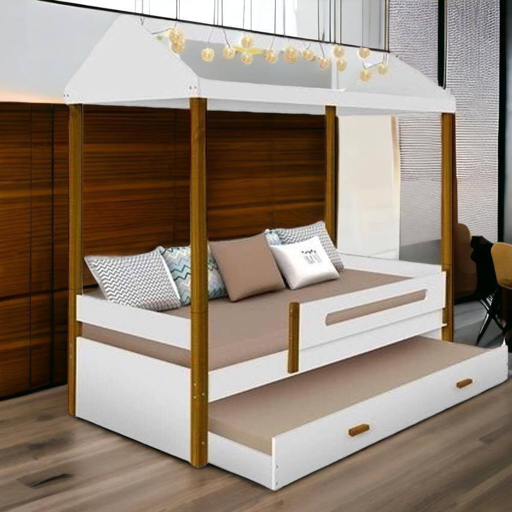 Cama Casa Lara Branca com Auxiliar e LED