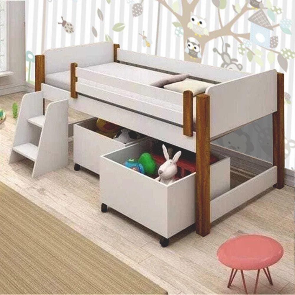 Cama Naty Branca com Baús e Escadinha