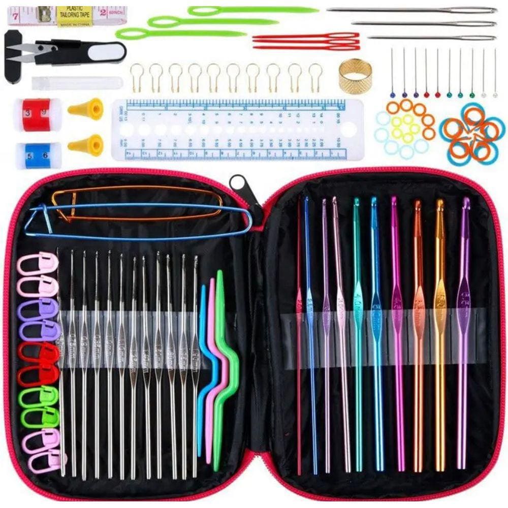 Kit Crochê Com Estojo Completo 100 Peças Agulhas Marcadores