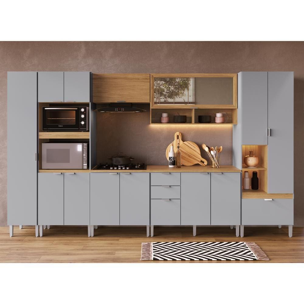 Armário de Cozinha Completa MDF 7 peças com Balcão Hera Decibal Griseo Naturalle
