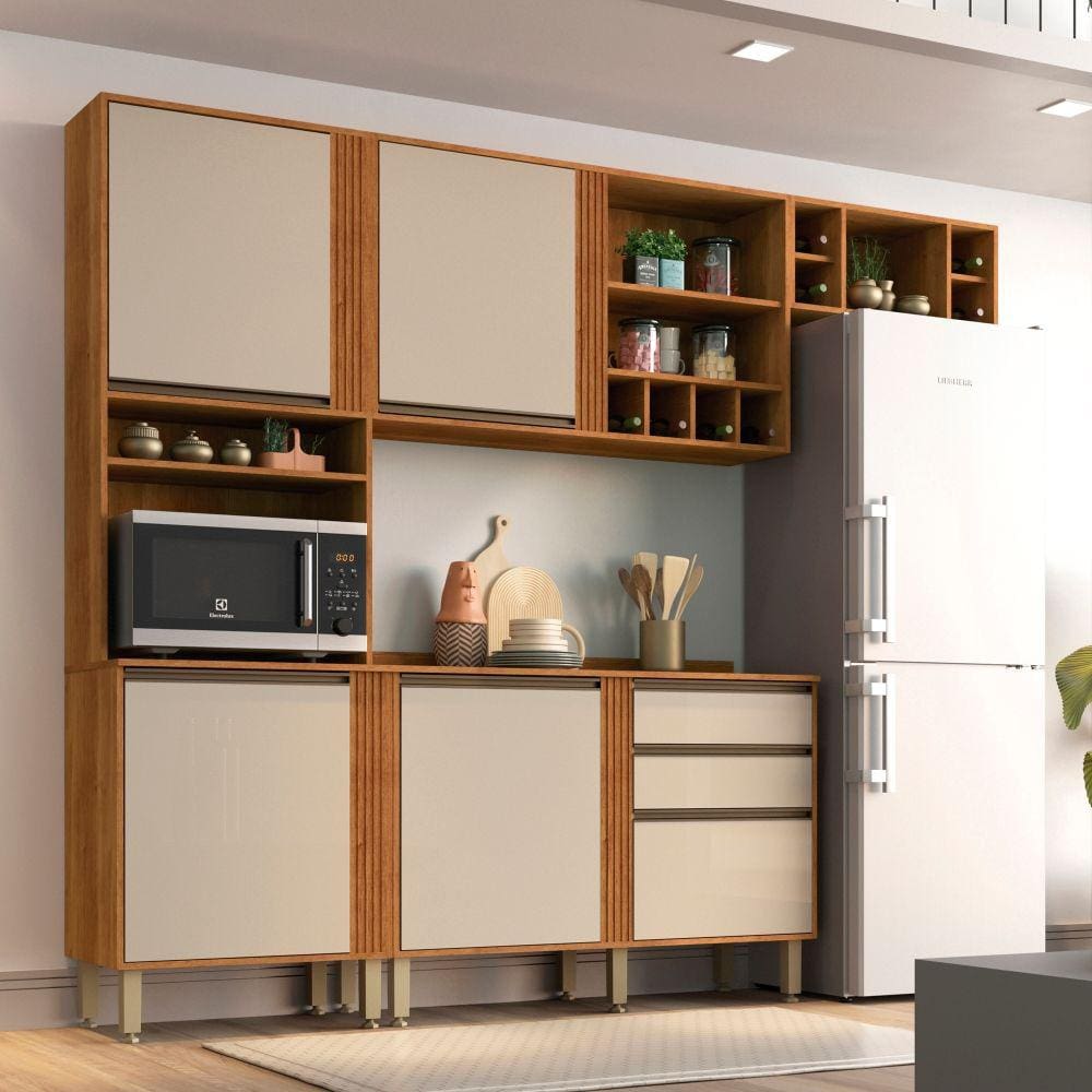 Cozinha Compacta 4 Peças 5 Portas 2 Gavetas Pérola Sallêto Móveis - Cinamomo/Off