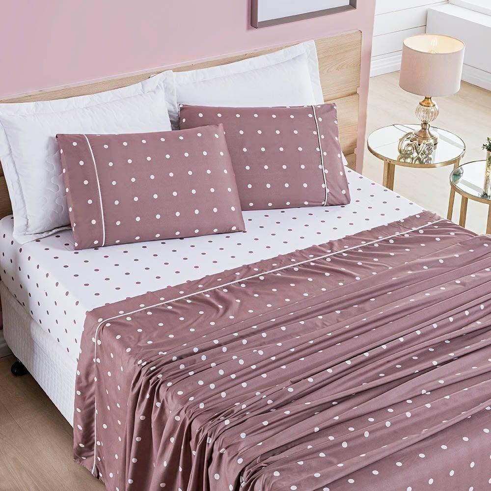 Jogo De Cama Lençol Celine Casal King 04 Peças Micropercal 200 Fios Bolinhas - Rosê
