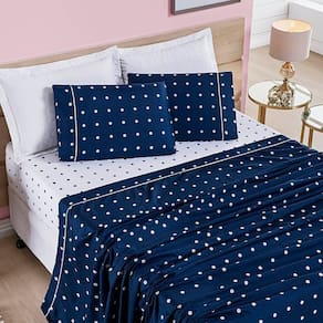 Jogo De Cama Lençol Celine Casal Queen 04 Peças Micropercal 200 Fios Bolinhas - Azul Marinho