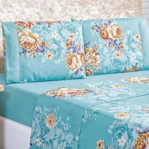 Jogo De Cama Lençol Real Casal Padrão Micro Percal 200 Fios 04 Peças Azul Jasmine