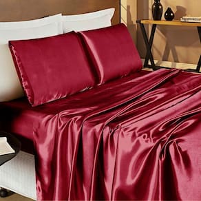 Jogo De Cama Lençol Romance Casal Queen 04 Peças Tecido Cetim Charmousse Brilhante - Vinho