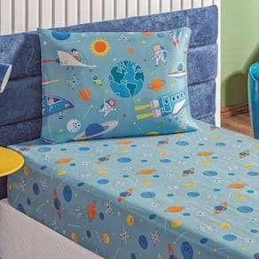Jogo De Cama Lençol Carrosel Solteiro 02 Peças Infantil Estampado Divertido - Astronauta Azul