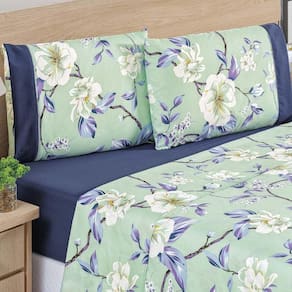 Jogo De Cama Lençol Real Casal Padrão Micro Percal 200 Fios 04 Peças - Azul Flower