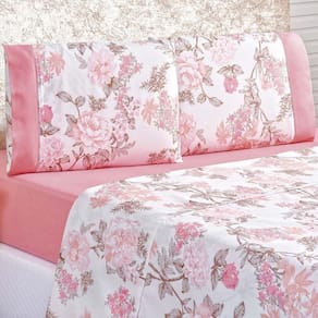 Jogo De Cama Lençol Real Solteiro Micro Percal 200 Fios 03 Peças Rosa Floral Serene