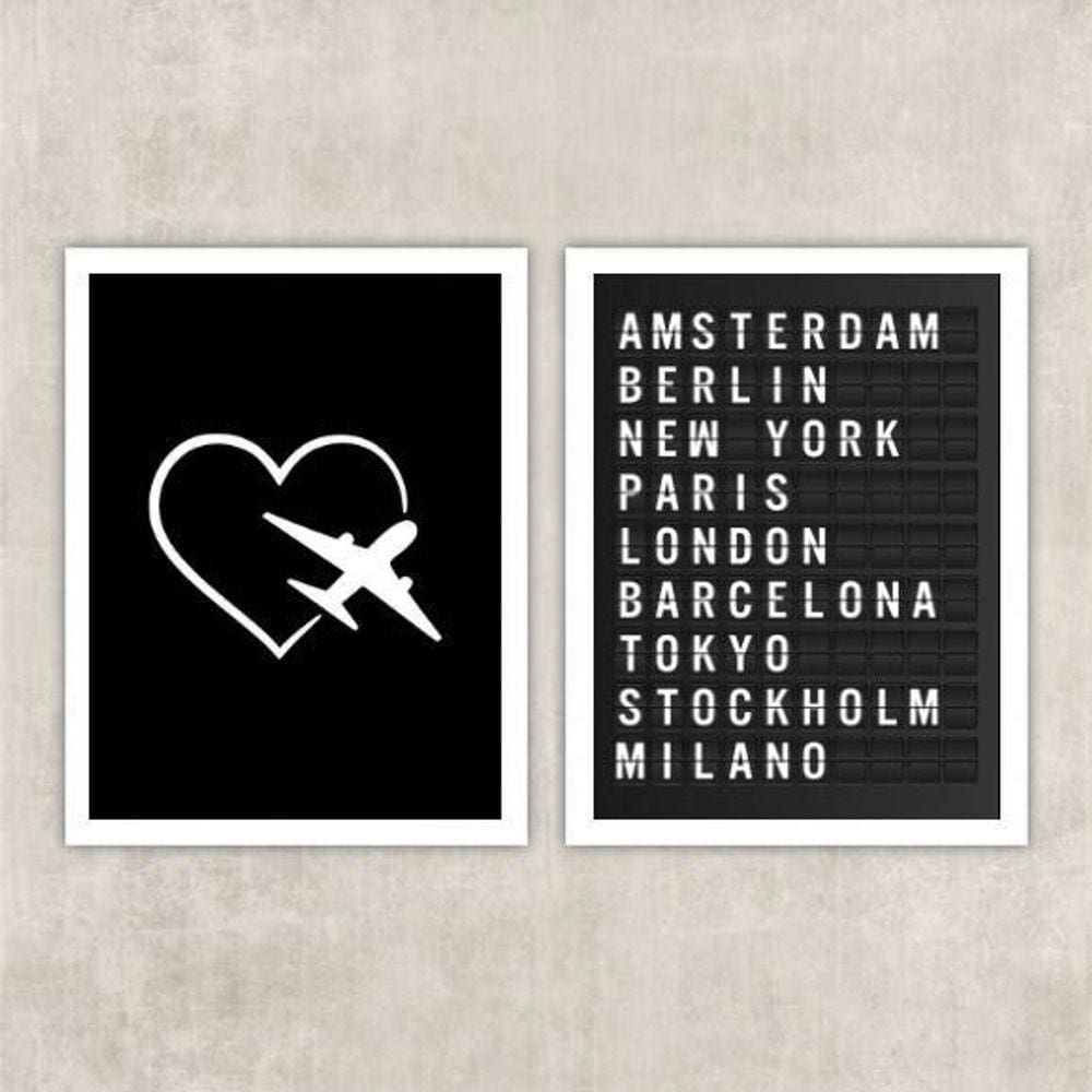 Kit 2 Quadros Travel Placa De Aeroporto 24X18Cm