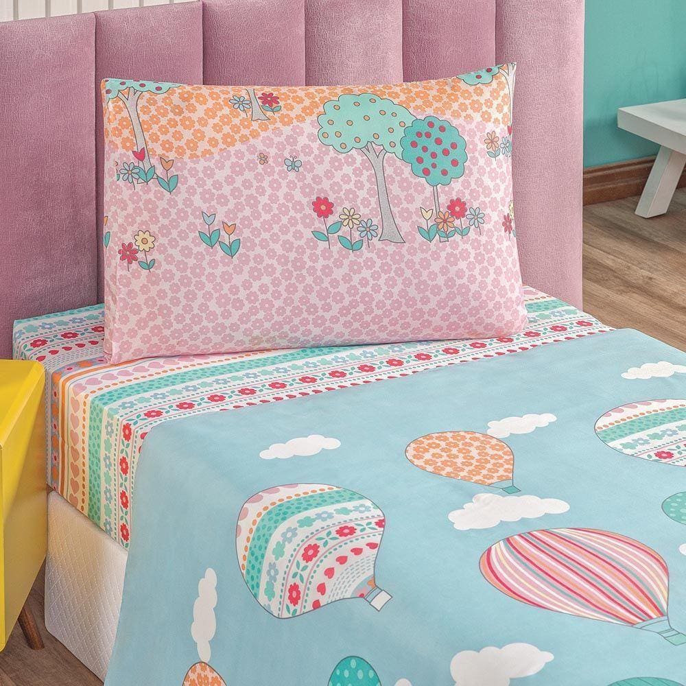 Jogo De Cama Lençol Carrosel Solteiro 03 Peças Infantil Estampado Divertido - Balão