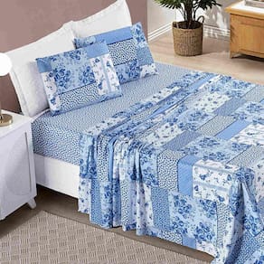 Jogo De Cama Lençol Casal Padrão 04 Peças Microfibra Estampada Ayla - Azul Sereno