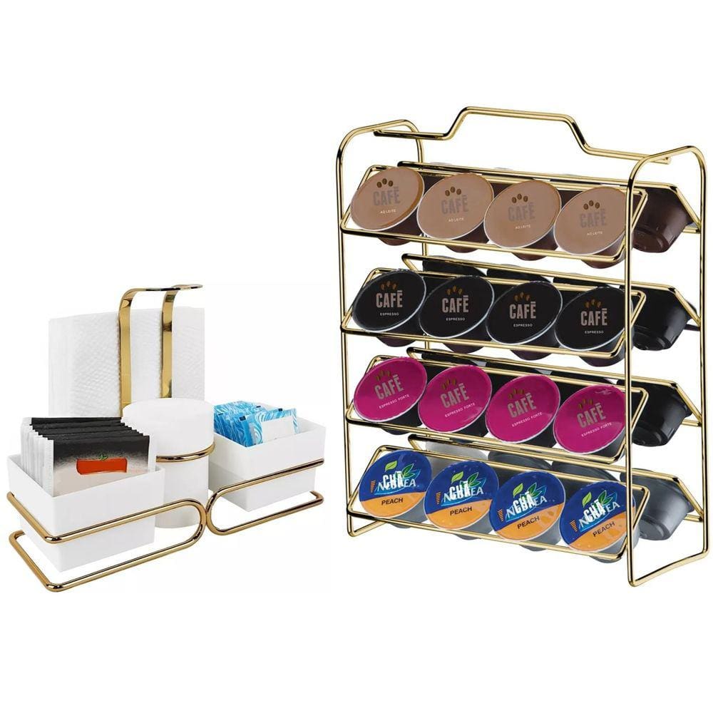 Kit Suporte Porta 32 Cápsulas Café Dolce Gusto Organizador Sachês Chás e Mexedores Dourado - Future