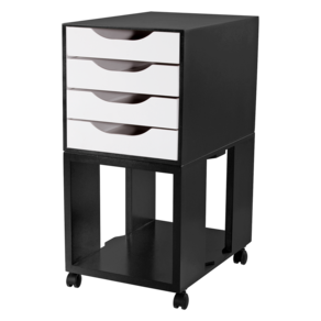 Organizado de Escritório Gaveteiro Easy Box MDF 4 Gavetas com Rodízios Preto Black Piano / Branco