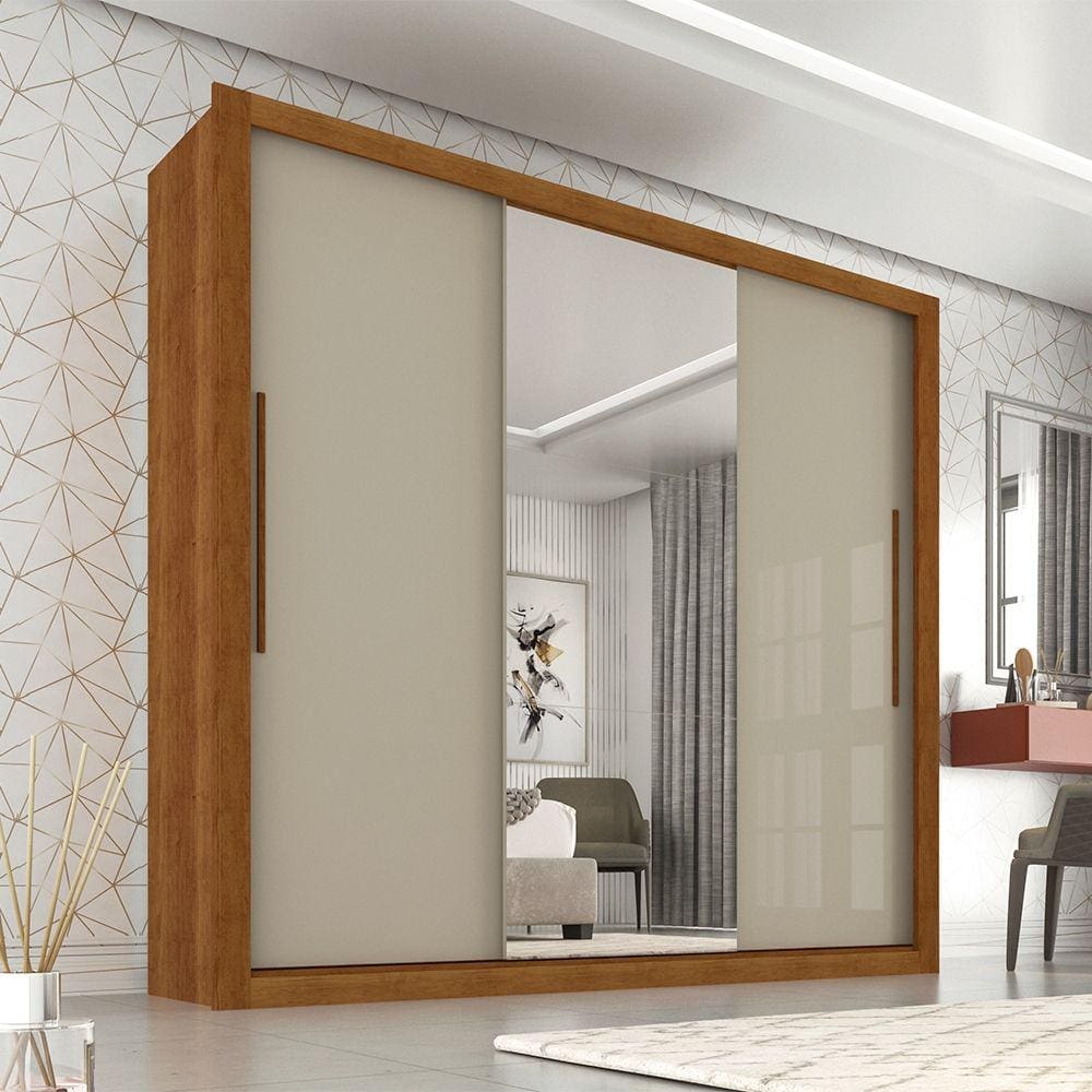 Guarda Roupa Casal com Espelho 3 Portas 4 Gavetas Panama Sallêto Móveis - Cinamomo/Off