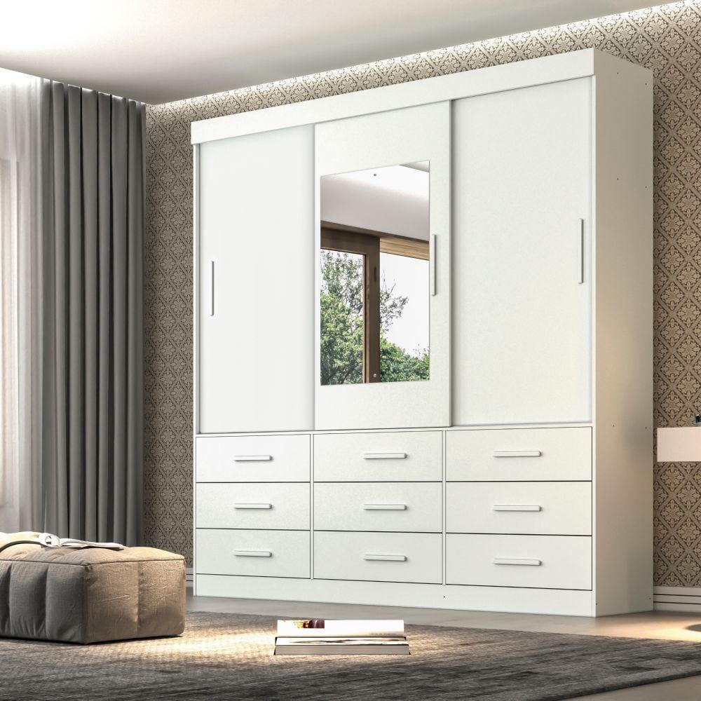 Guarda Roupa Casal com Espelho 3 Portas 9 Gavetas New Star Sallêto Móveis - Branco