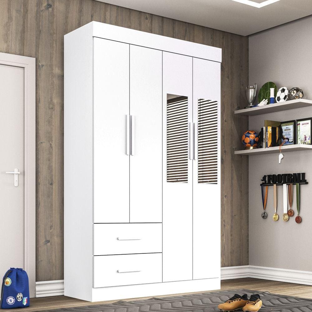 Guarda Roupa Solteiro Com Espelho 4 Portas 2 Gavetas New Verona Sallêto Móveis - Branco